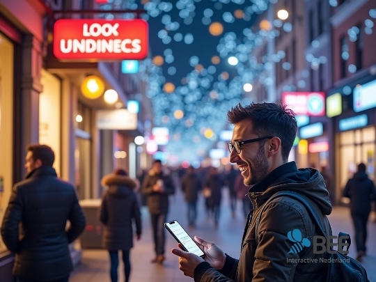 Een man met een bril en rugzak lacht terwijl hij naar zijn smartphone kijkt, staande in een levendige, met licht