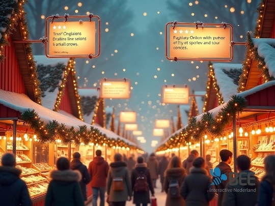 
Een winterse kerstmarkt met rijen rode houten kraampjes versierd met lichtjes en groene guirlandes, bed