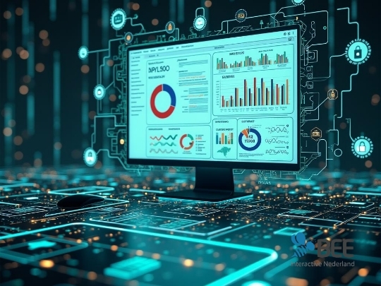 Een computerscherm met grafieken en diagrammen over financiële gegevens, zoals cirkeldiagrammen en staafdiagrammen,