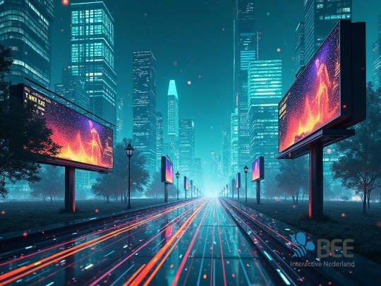 
Een futuristische stad met verlichte wolkenkrabbers en een weg vol neonlijnen die naar de horizon leidt. Aan beide