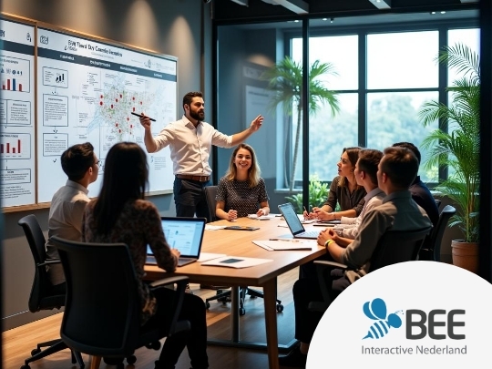 
Een groep mensen zit samen in een moderne vergaderruimte met laptops op tafel. Een staande man presenteert aan het team met behulp van een groot scherm aan de muur, waarop grafieken en informatie zichtbaar zijn. De ruimte is licht en bevat groene planten, wat zorgt