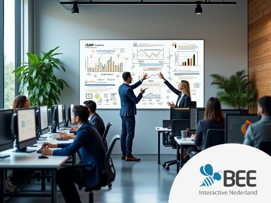 Een moderne kantooromgeving met meerdere mensen die achter computers werken. Twee personen in het midden van de ruimte staan voor een groot scherm met grafieken en diagrammen en lijken in discussie te zijn. Het interieur heeft een strakke, professionele uitstraling met planten en houten accenten.</alttext