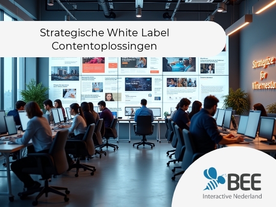 
Een moderne kantoorruimte met rijen medewerkers die achter computers werken. Op de achtergrond is een grote muur met verschillende digitaal weergegeven artikelen en nieuwsberichten. De sfeer is professioneel en geconcentreerd, met de tekst 