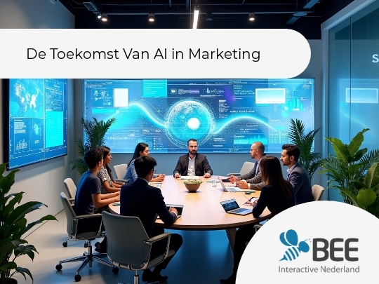 Een moderne vergaderruimte waarin acht mensen aan een ovale tafel zitten, omgeven door grote schermen met blauwe digitale gegevens en grafieken. De sfeer is professioneel en futuristisch, met planten aan de zijkanten van de kamer.