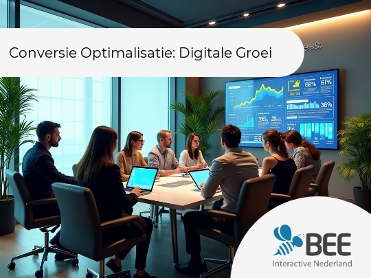 
Een groep mensen zit in een moderne vergaderruimte met glazen wanden en planten, terwijl ze een presentatie bekijken op een groot scherm waarop statistieken en grafieken te zien zijn. De sfeer is professioneel en gefocust, met deelnemers die tablets gebruiken aan een vergad