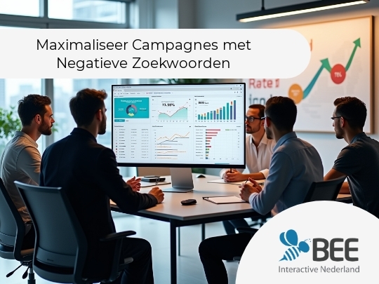 Een groep van vijf mensen zit in een moderne vergaderruimte rond een tafel en kijkt naar een groot computerscherm met grafieken en statistieken. Op de achtergrond hangt een poster aan de muur. Het is een heldere, goed verlichte ruimte met ramen en planten
