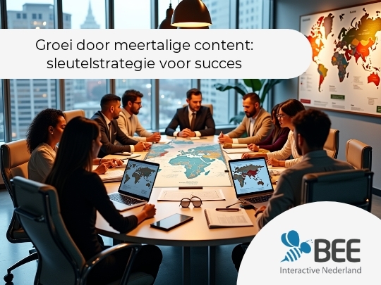 Een groep mensen in formele kleding zit rond een grote tafel in een moderne vergaderruimte. Op de tafel ligt een grote wereldkaart en er zijn laptops met kaarten erop zichtbaar. Er hangen wereldkaarten aan de muur en de ruimte heeft grote ramen met uitzicht op een