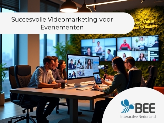 Een groep mensen zit rond een vergadertafel in een modern kantoor dat verlicht is door plafondlampen. Ze werken samen op computers die video's en afbeeldingen tonen. Aan de muur hangen schermen met videobeelden van verschillende personen. De ruimte heeft een groene muur en grote