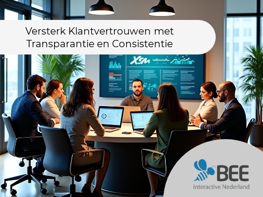 Een groep van zeven mensen zit rond een ronde tafel in een moderne vergaderruimte. Ze kijken naar een groot scherm aan de muur waarop presentaties met grafieken en tekst worden weergegeven. Sommigen hebben laptops voor zich. De ruimte is verlicht door hanglampen en
