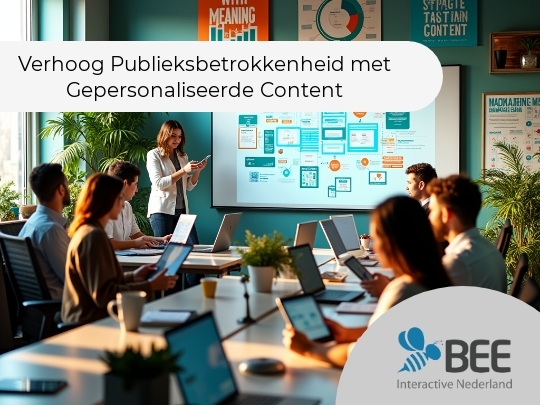 
Een groep mensen zit in een vergaderruimte met laptops open op tafel, terwijl een vrouw voor een groot scherm met grafieken en informatie presenteert. De kamer heeft een moderne uitstraling met felgekleurde posters en veel natuurlijk licht. Planten zijn in de ruimte geplaatst