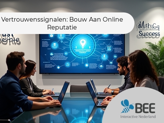 Vier mensen zitten aan een vergadertafel met laptops, terwijl een groot scherm met een blauw diagram en tekst over databeheer op de achtergrond te zien is. De ruimte heeft moderne verlichting en een plant in de hoek, en woorden zoals 