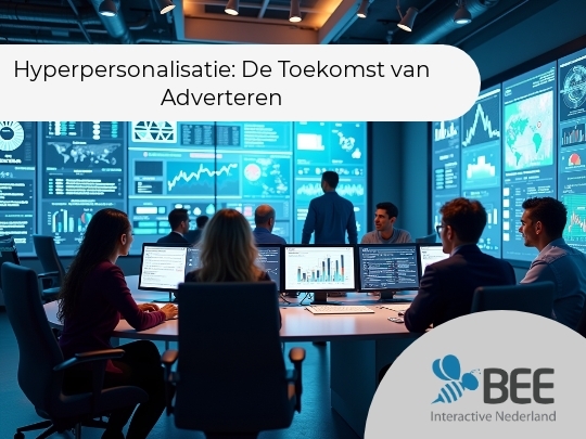Een groep mensen zit in een moderne controlekamer met verlichte computerschermen en wandvullende gegevenspanelen, waarop diverse grafieken en statistieken te zien zijn. De sfeer is technologisch en gedempt verlicht, terwijl de mensen zich concentreren op hun schermen en