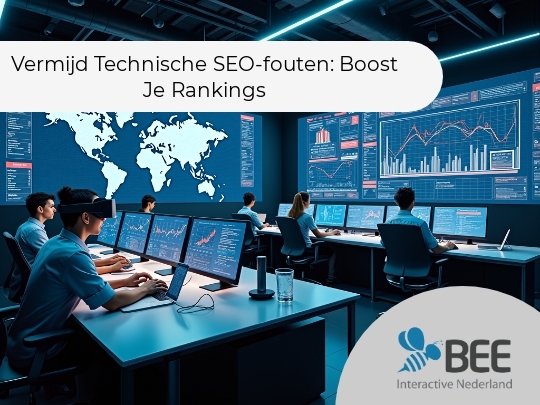 Een controlekamer met meerdere mensen die achter computers zitten en schermen observeren, waarop grafieken en wereldkaarten worden getoond. De kamer heeft een moderne uitstraling met blauwe verlichting en diverse monitoren aan de muren die gegevens en analyses weergeven.