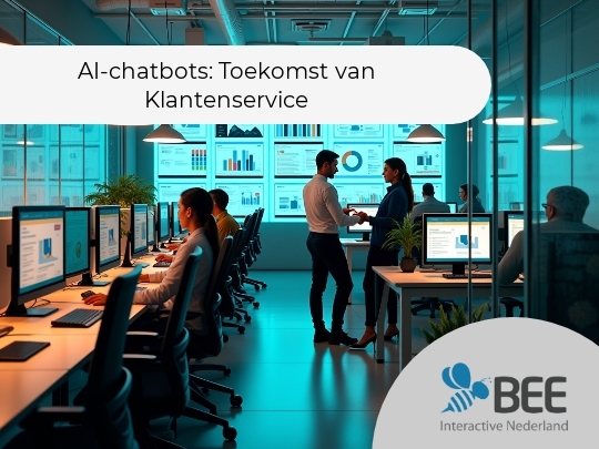 
Een moderne, verlichte kantoorruimte met meerdere mensen die aan tafels werken op computers, waarvan de schermen grafieken en gegevens tonen. In het midden staan een man en een vrouw elkaar de hand te schudden. Aan de muur hangen grote schermen met statistieken en