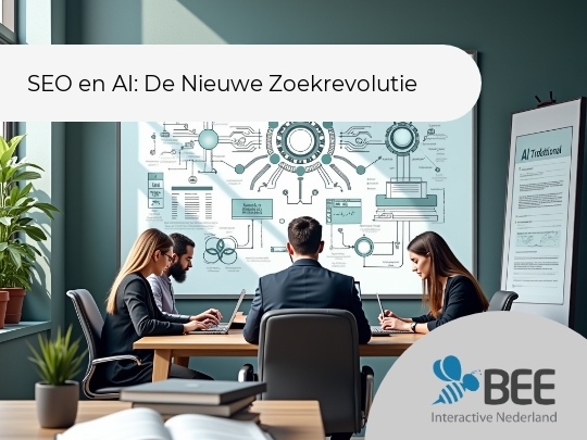 Vier mensen zitten aan een vergadertafel in een modern kantoor, terwijl ze naar een groot whiteboard met een technische infographic kijken. Er is veel natuurlijk licht en er staan groene planten in de kamer, wat een frisse en professionele sfeer creëert.