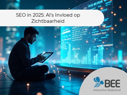 
Een man zit op de grond in een futuristische stad en bedient een tablet. Voor hem zweeft een groot, gebogen digitaal scherm met grafieken en tekst in blauwe tinten. De omgeving is verlicht door zachte, warme lichtjes die een sfeervolle setting creëren.