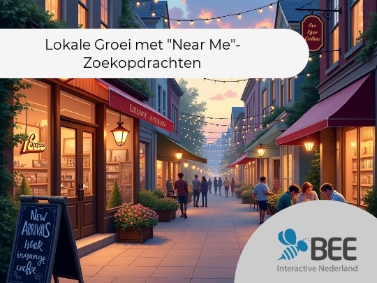 Een sfeervolle straat met gezellige verlichting, omringd door winkels met rode luifels. Mensen wandelen en zitten aan tafeltjes buiten cafés. Het is schemering, de lucht toont een kleurrijke zonsondergang. Bloemenbakken en een bord met 