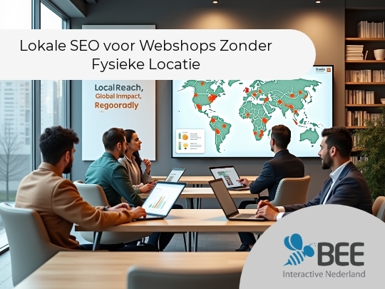 Een groep van vijf mensen zit vergaderend in een moderne kantoorruimte met laptops voor zich. Aan de muur hangt een groot scherm met een wereldkaart vol gekleurde markeringen. Links is een poster te zien met de tekst 