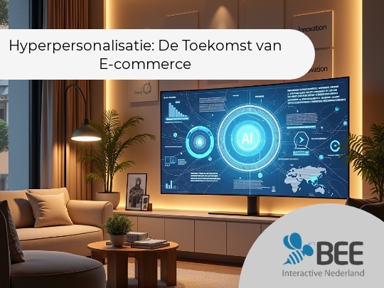 Een moderne woonkamer met zachte verlichting en een groot scherm waarop een AI-interface wordt getoond met grafieken en een wereldkaart. Aan de muur hangen inspirerende woorden, zoals “Challenge” en “Innovation”. De setting is stijlvol en uitnodigend met een comfortabele bank, fauteuil en