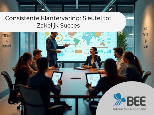  Een groep mensen zit aan een vergadertafel in een moderne kantoorruimte met gedimd licht, terwijl één persoon een presentatie geeft voor een groot scherm met kleurrijke infographics en een wereldkaart. Aan de muren hangen motiverende teksten zoals 