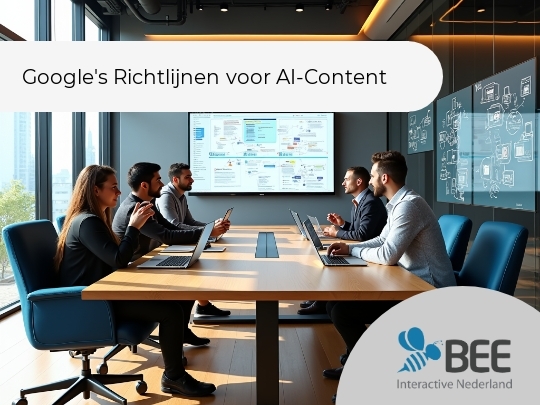 Een groep van vijf mensen zit in een moderne vergaderruimte met laptops voor zich op een lange houten tafel. Ze voeren een bespreking terwijl een groot scherm aan de muur achtergrondinformatie toont. Het interieur heeft houten vloeren en grote ramen waardoor daglicht binnenvalt. Op