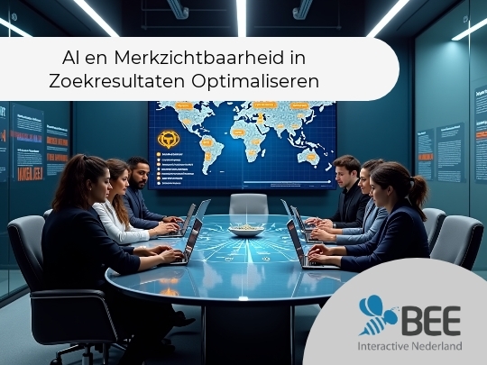 
Een moderne vergaderruimte met zes mensen die op laptops werken aan een ovale tafel, met een grote wereldkaartprojectie op de achtergrond. De verlichting is helder en de sfeer is professioneel.
