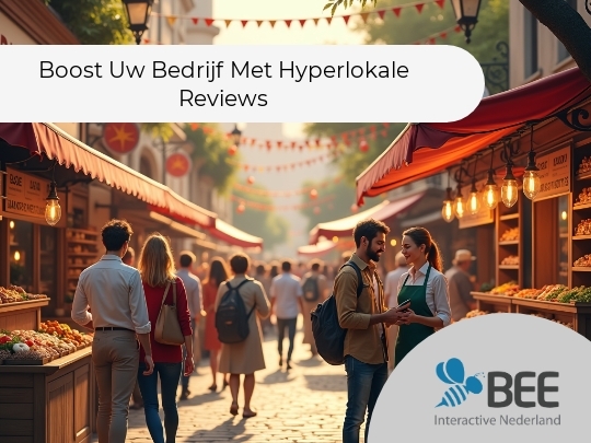 Mensen lopen door een zonnige, pittoreske straatmarkt, geflankeerd door stalletjes met rode luifels die fruit en groenten tonen. Een man en een vrouw, gekleed in een groene schort, praten voor een kraam. Sfeervolle verlichting