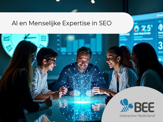 Een groep van vijf mensen zit bij elkaar aan een tafel in een moderne vergaderruimte. Ze kijken naar een levendig blauw holografisch scherm in het midden van de tafel. Aan de muur hangt een grote klok en op de achtergrond zijn digitale schermen met grafieken