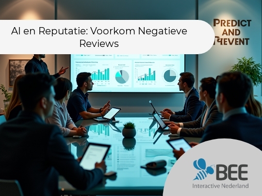 Een groep mensen zit rondom een vergadertafel in een moderne vergaderruimte, aandachtig kijkend naar een presentator die naar een groot scherm wijst. Op het scherm zijn grafieken en diagrammen te zien, met de tekst 