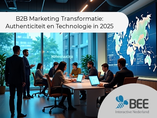 Een moderne vergaderruimte met een groep mensen die rond een tafel zitten, bezig met laptops. Aan de muur hangt een groot scherm met een wereldkaart. Grote ramen laten natuurlijk licht binnen en er zijn planten aan de zijkant van de kamer. De sfeer is professioneel