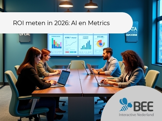 Vier mensen zitten rond een vergadertafel in een moderne kantooromgeving, elk achter een laptop. Op de achtergrond hangt een groot scherm met kleurrijke grafieken en gegevens. De ruimte is verlicht met plafondlampen en er hangt een bord met de tekst 