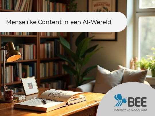 Een zonnige leeshoek in een bibliotheek met een houten tafel waarop een open boek ligt naast een foto in een lijst en een kopje met pennen. Een leeslamp verlicht de werkplek. In de achtergrond staan boekenkasten en een grote plant, met een fauteuil