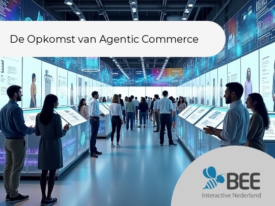 In een moderne, futuristische tentoonstelling met digitale displays staan mensen langs interactieve schermen opgesteld. Heldere verlichting en overzichtelijke informatiepanelen creëren een technologische sfeer.