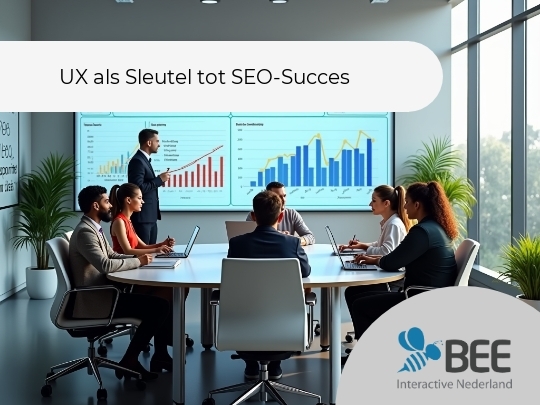  Een groep mensen zit rond een vergadertafel in een moderne kantoorruimte, in discussie kijkend naar een scherm met grafieken en diagrammen. De vergaderruimte is verlicht met natuurlijk licht dat door grote ramen binnenvalt, en er staan planten in de ho