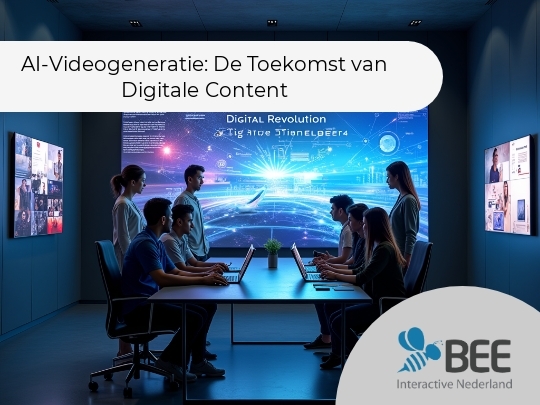 Een groep mensen zit rond een vergadertafel in een donkere kamer, kijkend naar een groot, helder scherm dat de tekst 