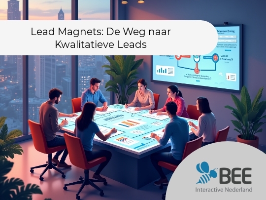 Groep mensen zit rond een verlichte tafel in een moderne vergaderruimte met een groot raam dat uitzicht biedt op een stadslandschap bij zonsondergang. De deelnemers zijn gefocust op de documenten en diagrammen op de tafel. Op de muur hangt een groot