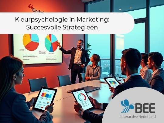 Een man in een pak presenteert grafieken op een scherm in een vergaderruimte met een rode muur en de tekst 