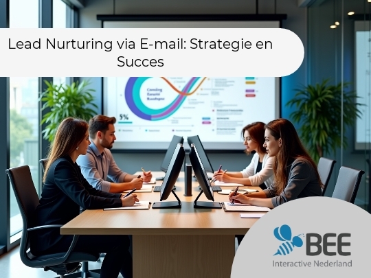 Vier mensen zitten aan een vergadertafel in een moderne kantooromgeving, gericht op computerschermen. Op de achtergrond is een groot scherm te zien met een infographic vol kleurrijke lijnen en statistieken. Er zijn kantoorplanten aanwezig, en de lichtinval is helder door