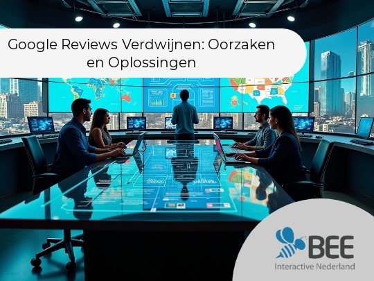 Een hypermoderne controlekamer met zes mensen die aan tafels met laptops werken, gefocust op grote digitale schermen aan de muur. De schermen tonen wereld- en Verenigde Staten-kaarten met gegevensvisualisaties. De sfeer is futuristisch met een stedelijk landschap zichtbaar