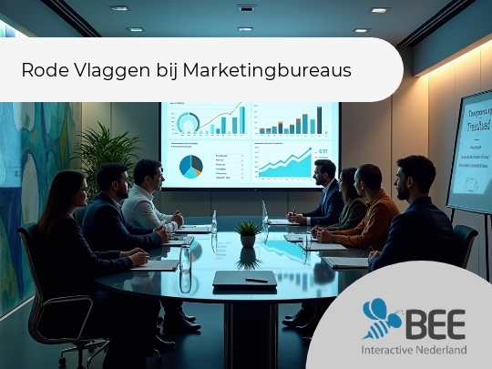 Een groep mensen zit in een moderne vergaderruimte rond een ovale tafel en kijkt naar een groot scherm met verschillende diagrammen en grafieken. De kamer is gedempt verlicht en heeft een kleurrijke muur aan de zijkant. In de hoek staat een bord