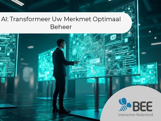 Een man in een pak staat in een futuristische, donkere ruimte voor een groot, verlicht digitaal scherm met het woord 