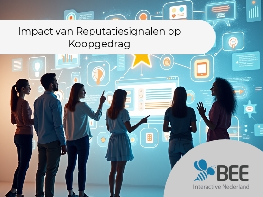 Zes mensen staan in een rij voor een grote interactieve schermwand met daarop verlichte en kleurrijke diagrammen, iconen en een opvallende gele ster in het midden. De mensen wijzen naar het scherm en lijken betrokken in een discussie of presentatie. De setting geeft een moderne en innovatieve