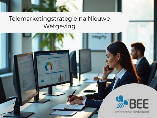 Een vrouw in zakelijke kleding zit aan een bureau in een modern kantoor, werkend aan een computer met grafieken en data op het scherm. Ze noteert iets in een notitieboekje terwijl ze met één hand haar gezicht ondersteunt. Op de achtergrond is een man ook aan een