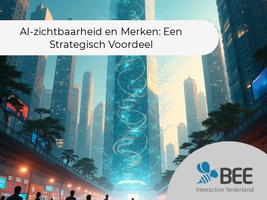 Een futuristische stadsscène met een hoge, glinsterende wolkenkrabber in het midden, omgeven door moderne gebouwen. Het gebouw heeft een spiraalvormig lichtpatroon dat oplicht in heldere blauwe tinten, diepte en dynamiek toevoeg