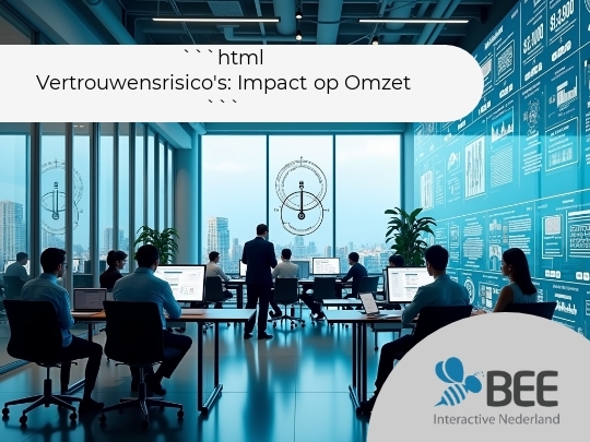 
Een moderne kantoorruimte met meerdere mensen die aan bureaus met computers werken. De kamer heeft een grote glazen wand met uitzicht op een stedelijk landschap. Er zijn blauwe muren, rijkelijk bedekt met gegevensschermen en grafieken. De sfeer is high-tech en professioneel.
</