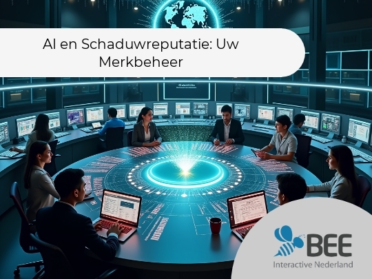 Zeven mensen zitten aan een grote, ronde tafel met laptops in een verlichte controlekamer vol schermen. Boven de tafel zweeft een digitaal wereldkaart-hologram met stralende lijnen, wat een futuristische en high-tech sfeer creëert.