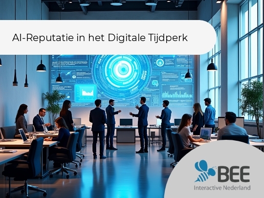 Een moderne kantoorsetting met meerdere mensen die samenwerken aan bureaus met laptops. Op de achtergrond is een grote blauwe holografische grafische display te zien met diverse gegevens en grafieken. De kamer heeft een professionele sfeer met grote ramen die veel licht binnenlaten en een strak