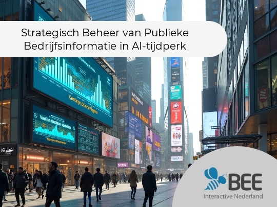 Een druk bezochte straat in een stadscentrum met hoge gebouwen en fel verlichte reclameborden. Mensen lopen over de brede trottoirs terwijl grote schermen boven hen grafieken en advertenties tonen. De sfeer is levendig en modern, met zonnig weer en een heldere
