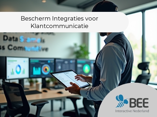 Een man in een moderne kantoorruimte kijkt geconcentreerd naar een tablet die hij vasthoudt. Op de achtergrond zijn meerdere computerschermen te zien met grafieken en gegevens. De muur toont gedeeltelijk zichtbare tekst die motivatieslogans lijkt te zijn. Het licht