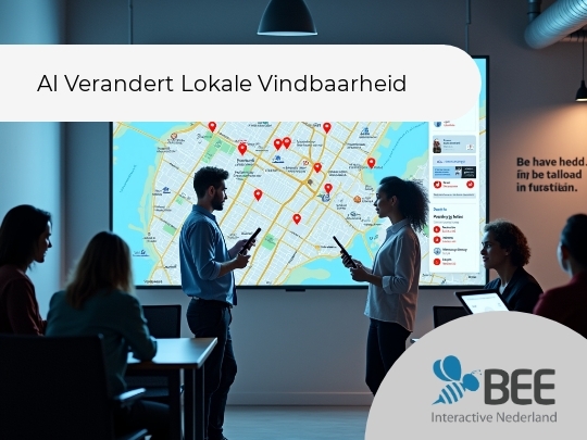 Een vergaderruimte met vijf mensen, waarvan twee staan en een kaart op een groot scherm bespreken. De kaart toont een stadsplan met meerdere gelokaliseerde pins. Enkele mensen zitten voor laptops, terwijl de ruimte modern is ingericht met gedempte belichting.</alt